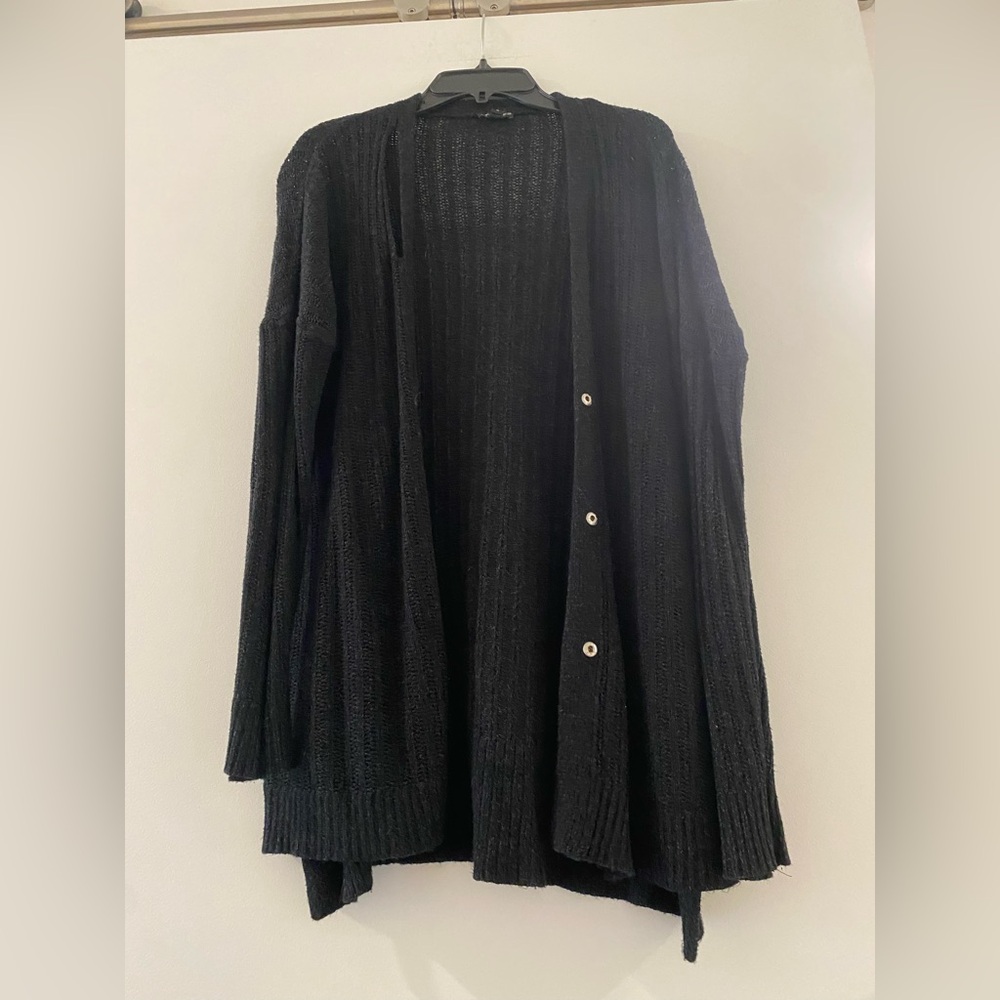 Express Black Women's Sweater with Buttons and Stylized Cut Out at Collar - Picture 2 of 6